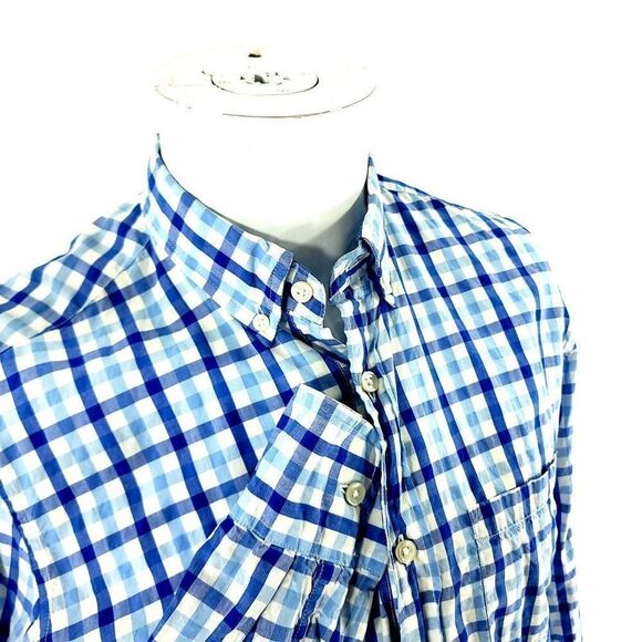J Crew Blue White Plaid Light Weight Cotton Slim Fit Small Button Down Front Poc - Picture 2 of 8